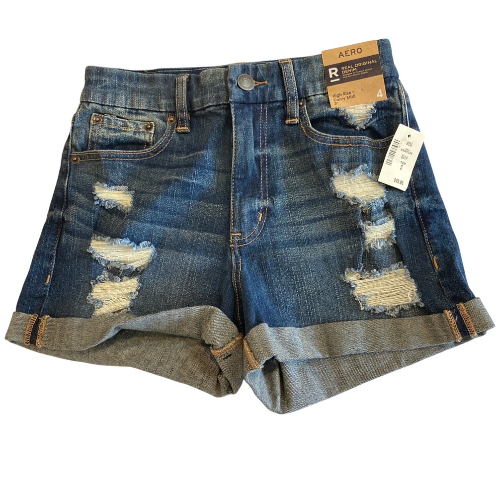 NEW Aeropostale Women 4 High Rise Curvy Midi Denim Shorts Distressed NWT